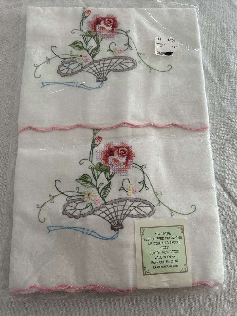 Vintage - Embroidered Floral Pillowcase Pair - White with Pink Rose (New)